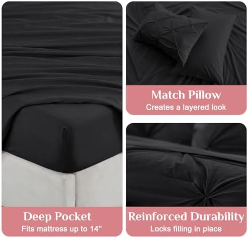 JOLLYVOGUE Black Queen Comforter Set 7 Pieces - Bed in a Bag Queen for All Season, Pintuck Bedding Comforter Sets with Comforter, Flat Sheet, Fitted Sheet and Pillowcases & Shams