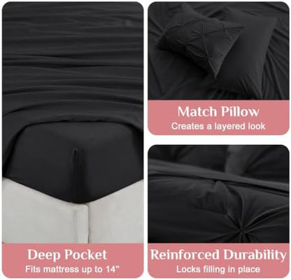 JOLLYVOGUE Black Queen Comforter Set 7 Pieces - Bed in a Bag Queen for All Season, Pintuck Bedding Comforter Sets with Comforter, Flat Sheet, Fitted Sheet and Pillowcases & Shams