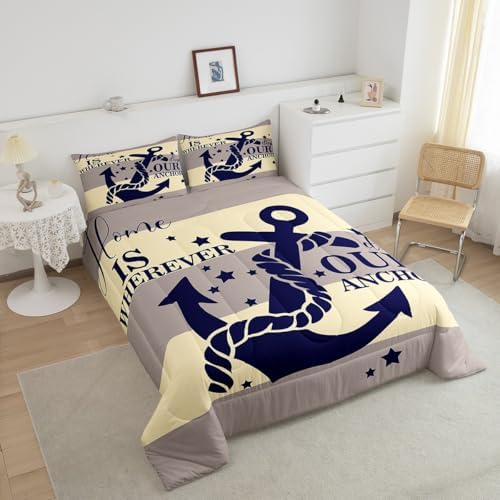 Navy Blue Anchor Comforter Set Full Ocean Nautical Bedding Set For Kids Boys Teen Men,Retro Yellow and Grey Geometric Stripe Comforter Coastal Marine Quilt Bedding Summer Soft Lightweight Duvet 3 Pcs