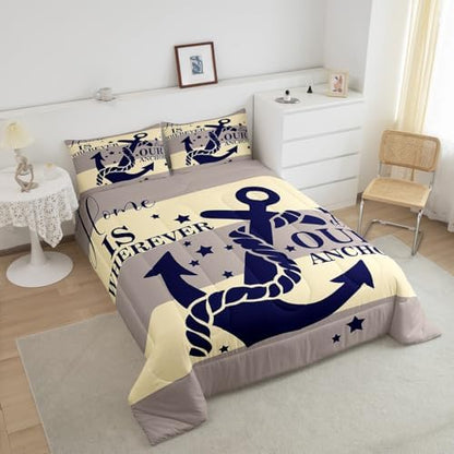 Navy Blue Anchor Comforter Set Full Ocean Nautical Bedding Set For Kids Boys Teen Men,Retro Yellow and Grey Geometric Stripe Comforter Coastal Marine Quilt Bedding Summer Soft Lightweight Duvet 3 Pcs