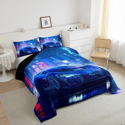 Feelyou City Racing Car Bedding Set King Size Blue Sport Comforter for Adult Kids Boys Teens Fast and Furious Duvet Luxury Quilt Set 3Pcs