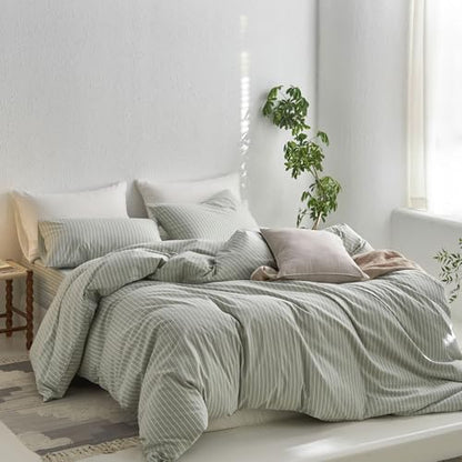 MooMee Striped Duvet Cover Set 100% Washed Cotton Linen Like Super King