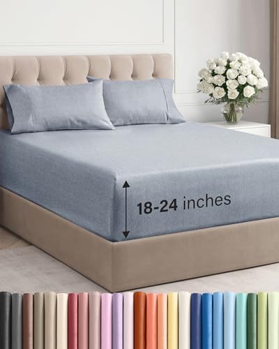 Extra Deep Queen Sheet Set - 4 Piece Breathable & Cooling - Heathered Blue