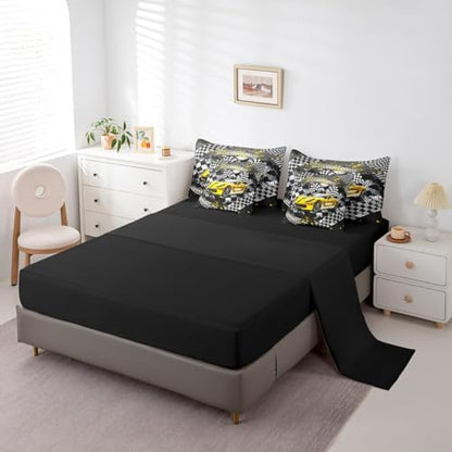Castle Fairy Yellow Race Car Comforter Set Bed in a Bag 7 Pieces Queen,Black Yellow Grey Racing Themed Bedding Set,Cool Race Car (Comforter+Fitted+Flat Sheet+2 Pillowcases+2 Throw Pillow Covers)