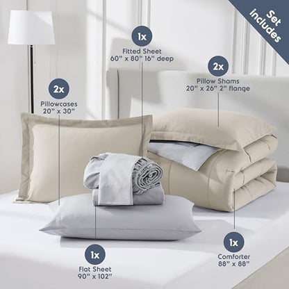 Nestl 9 Piece Queen Comforter Set – Beige Reversible Bed in a Bag – Complete Queen Size Bedding Set with Sheets, Set of 2 Down Alternative Pillows, Pillowcases and Shams