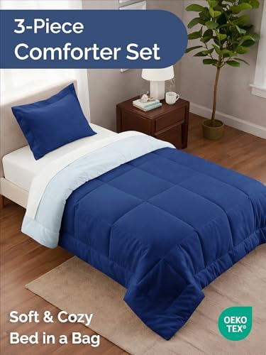 Twin Comforter Set - Navy Blue/Sky Blue Bedding, All Seasons - 2 Piece Set