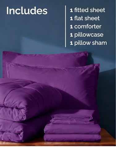 Twin Comforter Set - 5 Piece Bed in a Bag Twin Size Bed Set, Soft - Purple