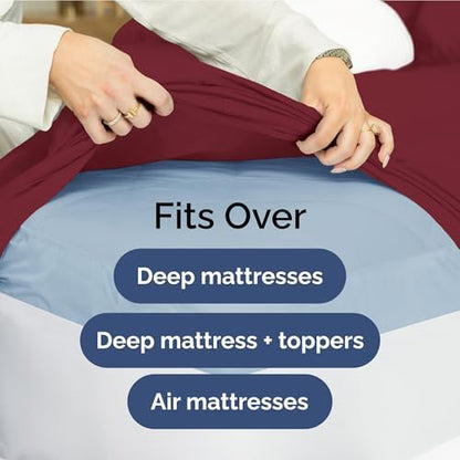 Extra Deep Twin Sheet Set - 3 Piece Breathable & Cooling Sheets - Burgundy