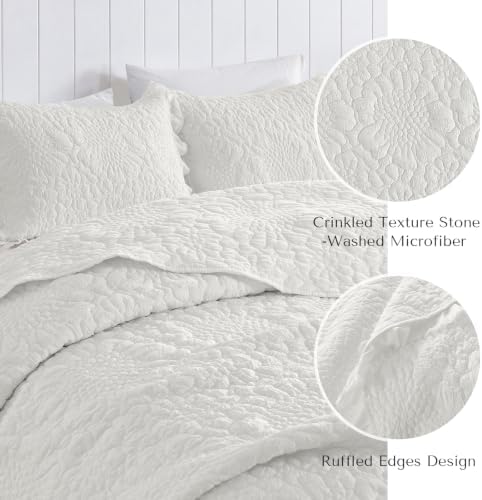 HORIMOTE HOME White Ruffled Quilt Twin Size, Stone-Washed Microfiber Lightweight Crinkled Farmhouse Rustic Shabby Chic Bedding Set, 2 Pieces Reversible Bedspread with Pillow Sham for All Season