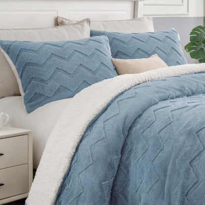 BEDELITE Fluffy Sherpa Queen Comforter Set,Blue Fog