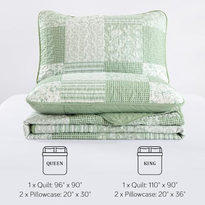 Mybedsoul Boho Quilt King Size, Patchwork Floral Bedding Set, Light Green