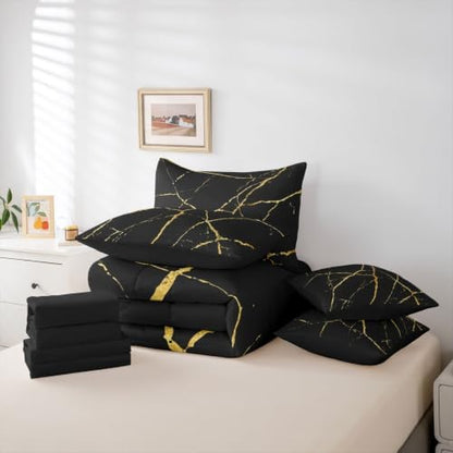Erosebridal Black Gold Marble King Bed in A Bag 7 Piece Marbling Crack Print Comforter Set with Sheets Abstract Metallic Texture Bedding Sets for Kids Adults,Modern Marble Aesthetic Bed Set