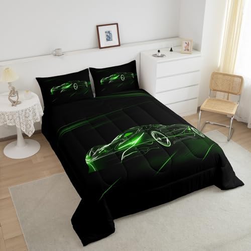Feelyou Green Race Car Bedding Set Queen Size for Kids Teens