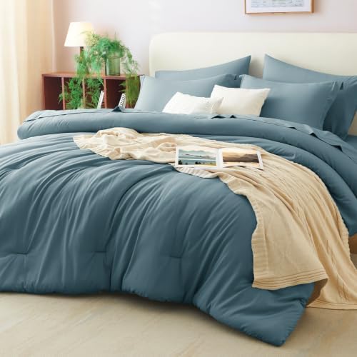 CozyLux Queen Comforter Set Mineral Blue, 7 Pieces Bed in a Bag