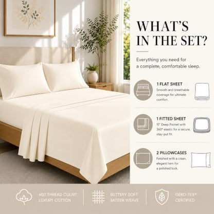 Queen Sheet Set, 400 Thread Count Luxury Cotton Queen Bed Sheets - Ivory
