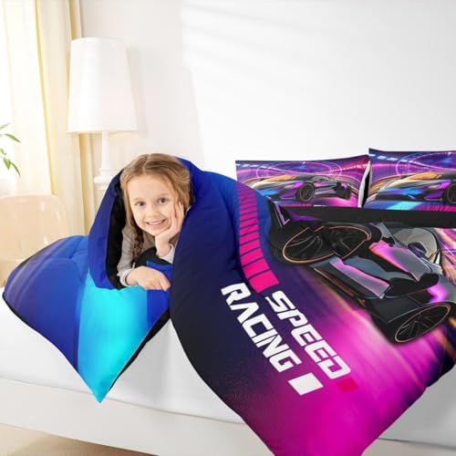 Erosebridal Race Car Bedding Set Boys Extreme Sports Comforter Set for Kids Boys Cool Car Sports Quilt Set 1 Comforter with 2 Pillowcases King Size,Hot Pink Blue and Black