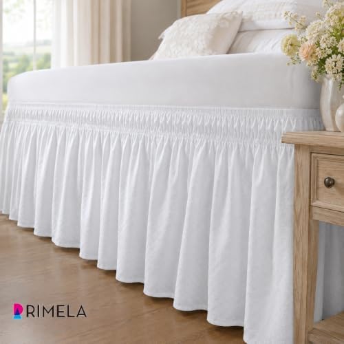 White Jacquard Bed Skirt Full 15" Drop, Elastic Wrap Around Bedskirt