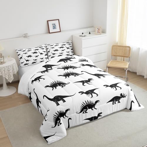 Erosebridal Dinosaur Bedding Set Dino Silhouettes Comforter Set Full Size, Wildlife Animals Black White Quilted Duvet for Kids Boys Teens Adult Bedroom Decor Dinosaurs Comforter with 2 Pillow Cases