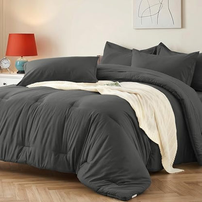 Queen Comforter Set 7 Piece with Lightweight Comforter, Dark Gray