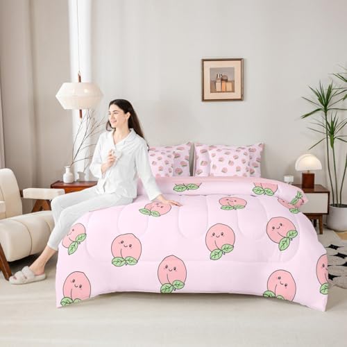 Erosebridal Cartoon King Comforter Set Pink Peach 7 Pieces Bedding Kids Kawaii Bed Set with Sheets Girl Lovely Cute Fruits Bed in A Bag Bedroom Decor