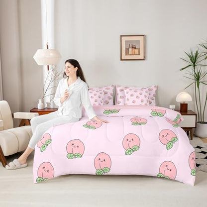 Erosebridal Cartoon King Comforter Set Pink Peach 7 Pieces Bedding Kids Kawaii Bed Set with Sheets Girl Lovely Cute Fruits Bed in A Bag Bedroom Decor