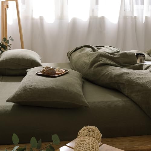 mixinni Olive Green Waffle Weave Duvet Cover Set King, 3-Piece 100% Natural Washed Cotton Triple-Layer Gauze Solid Bedding Set, Soft Breathable Minimalist Comforter Cover with Zipper & Ties-King