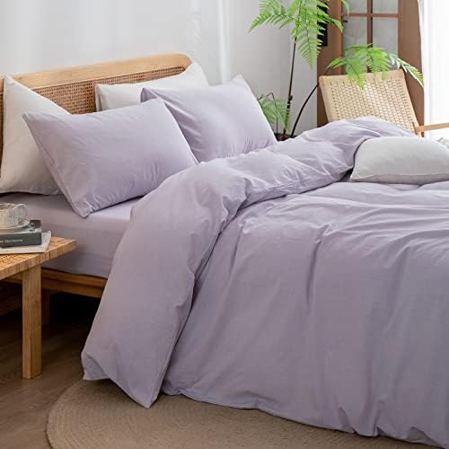 BESTOUCH Cotton Solid Duvet Cover Set Linen Feel Taro Purple Twin