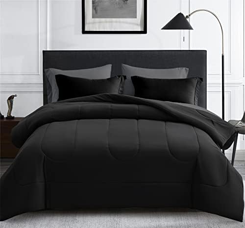 Maple&Stone Queen Comforter Set 7 Pieces Bed in a Bag Black Bedding Set