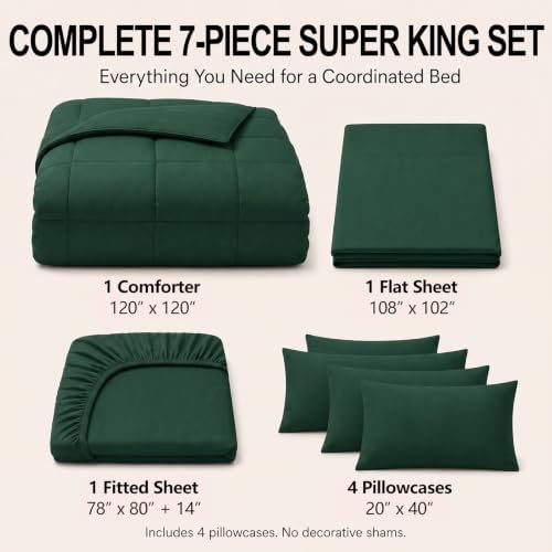 CozyLux Super King Comforter Set Emerald Green - 7 Pieces Bed in a Bag