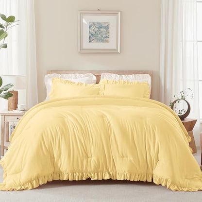 Andency Yellow Comforter Set Full Size, 3 Pcs Solid Ruffle Vintage Bedding