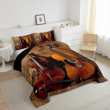 Erosebridal Guitar Bedding Set King Size Retro Cello Violin Duvet Quilt Sets Jazz Music Comforter Set Rustic Rock Musical Instrument Comforter for Kids Boys Girls Teens Retro Bedroom Decor 3 Pcs