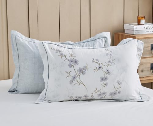 SLEEPBELLA Comforter King Size, 600 Thread Count Cotton White Printed with Purple Botanical Comforter Set,Down Alternative Bedding Set 3Pcs(King, Purple Botanical)