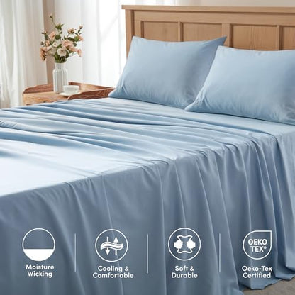 Comfort Spaces Coolmax Moisture Wicking Sheet Set Soft, Fade Resistant, All Elastic Deep Pocket Fits Up to 16" Mattress - Warm Weather Cooling Sheets for Night Sweats, Cal King, Blue, 4 Piece