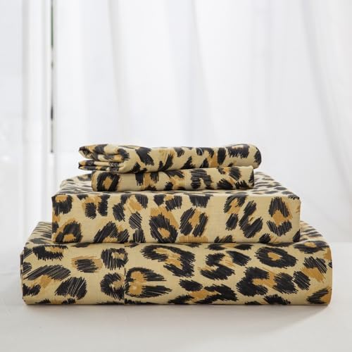 DAUAOTO California King Cotton Sheets Set Printed Bedding Sets, Modern Pattern Bedlinen for Cal King Mattress Up to 14" Deep, Leopard Yellow