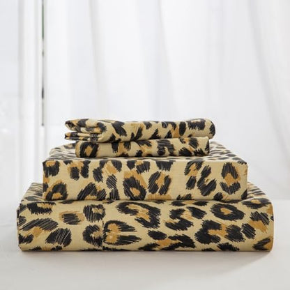 DAUAOTO California King Cotton Sheets Set Printed Bedding Sets, Modern Pattern Bedlinen for Cal King Mattress Up to 14" Deep, Leopard Yellow