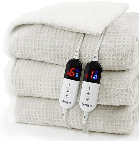 Heated Blanket Electric Blanket Queen Waffle, 84x90 Inches Dual Controllers Sherpa Fleece Fast Heating Blanket 6 Heating Levels & 10 Hours Auto Off ETL Certification,Beige Queen