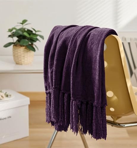 Chenille Throw Blanket for Couch 60" x 80" Twin, Dark Purple