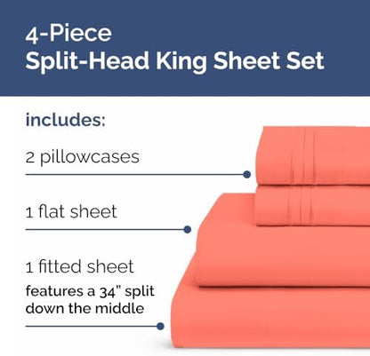 Flex Top Split Head King 4 Piece Sheet Set - Ultra-Soft, Breathable - Coral