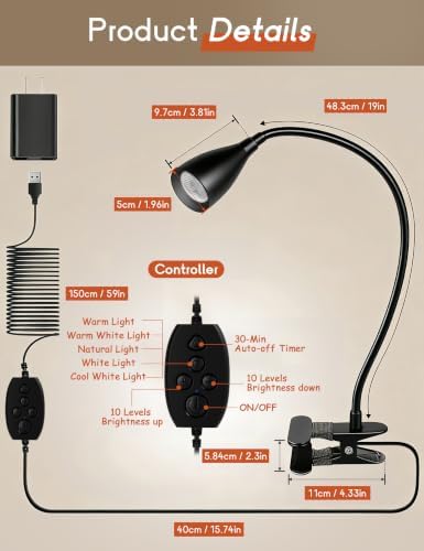 Reading Light for Book in Bed,Clip on Light Reading Lamp with Adapter Black