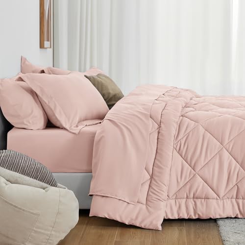Love's cabin Full Comforter Set Pink, 7 Pieces Full Bed in a Bag, All Season Bedding Sets with 1 Comforter, 1 Flat Sheet, 1 Fitted Sheet, 2 Pillowcase and 2 Pillow Sham