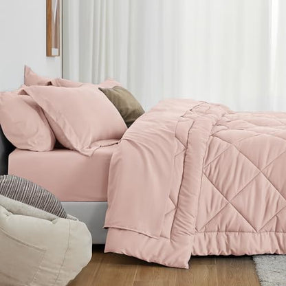 Love's cabin Full Comforter Set Pink, 7 Pieces Full Bed in a Bag, All Season Bedding Sets with 1 Comforter, 1 Flat Sheet, 1 Fitted Sheet, 2 Pillowcase and 2 Pillow Sham