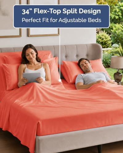 Flex Top Split Head King 6 Piece Sheet Set - Breathable & Cooling - Coral