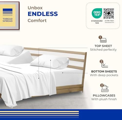 THREAD SPREAD Split King Sheet Set, Luxury 1000 Series Paradise Collection 100% Egyptian Cotton Split King Sheets Sets for Adjustable Bed (5 PC, White), Soft, 16" Deep Pocket Hotel Sheets