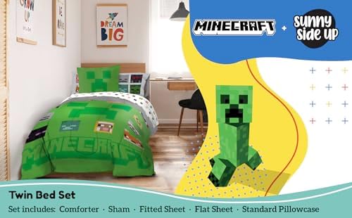 Sunny Side Up Minecraft Twin Comforter Set - 5 Piece Kids Bedding Includes Comforter, Sheets & Pillow Cover - Super Soft Gamer Microfiber Bed Set