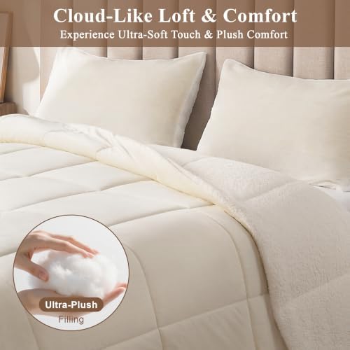 Fluffy Sherpa Queen Comforter Set, Thick Bedding Set 3 Pieces, Cream
