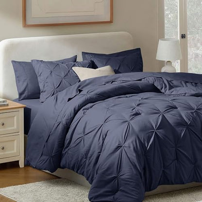Nestl 9 Piece King Comforter Set – Navy Pinch Pleated Bed in a Bag – Complete King Size Bedding Set with Sheets, Set of 2 Cooling Pillows, Pillowcases and Shams