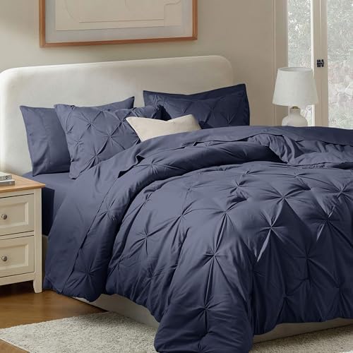 Nestl 9 Piece Queen Comforter Set – Navy Pinch Pleated Bed in a Bag – Complete Queen Size Bedding Set with Sheets, Set of 2 Cooling Pillows, Pillowcases and Shams