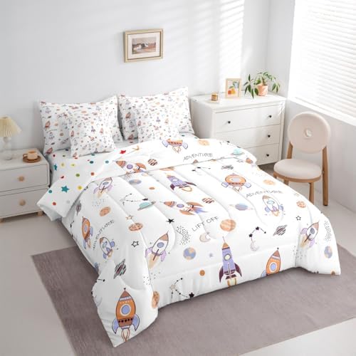 Erosebridal Kids Rocket 7 Pieces Bedding Set Queen Size,Cartoon Spaceship Bed in a Bag,Galaxy Themed Bed Set Includes Comforter,Sheet Set,Pillowcases & Pillow Covers,Planets Outer Space Bedroom Decor