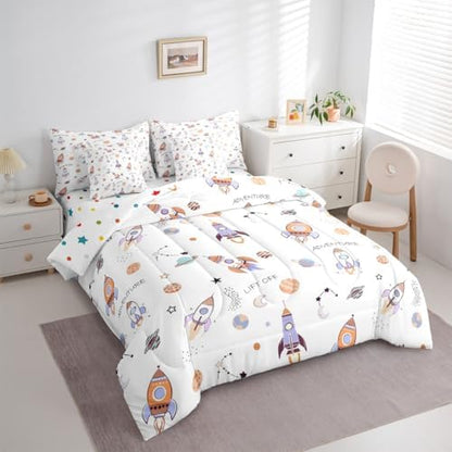 Erosebridal Kids Rocket 7 Pieces Bedding Set Full Size,Cartoon Spaceship Bed in a Bag,Galaxy Themed Bed Set Includes Comforter,Sheet Set,Pillowcases & Pillow Covers,Planets Outer Space Bedroom Decor