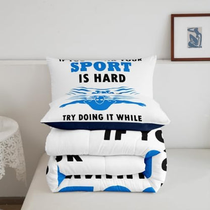 Homewish Swimming Comforter Set Twin Size,Swim Theme Bedding Sets 2Pcs,Water Sports Quilted Duvet for Kids Teens Boys Adult Room Decor,Swimmers Blue White Down Comforter,1 Pillowcase